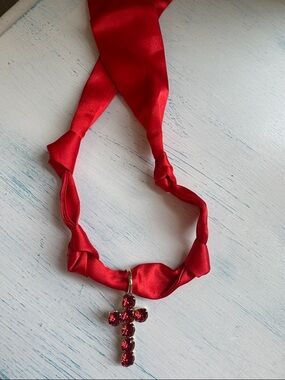 Tova Red Crystal Cross Pendant Necklace on Satin Scarf Ribbon